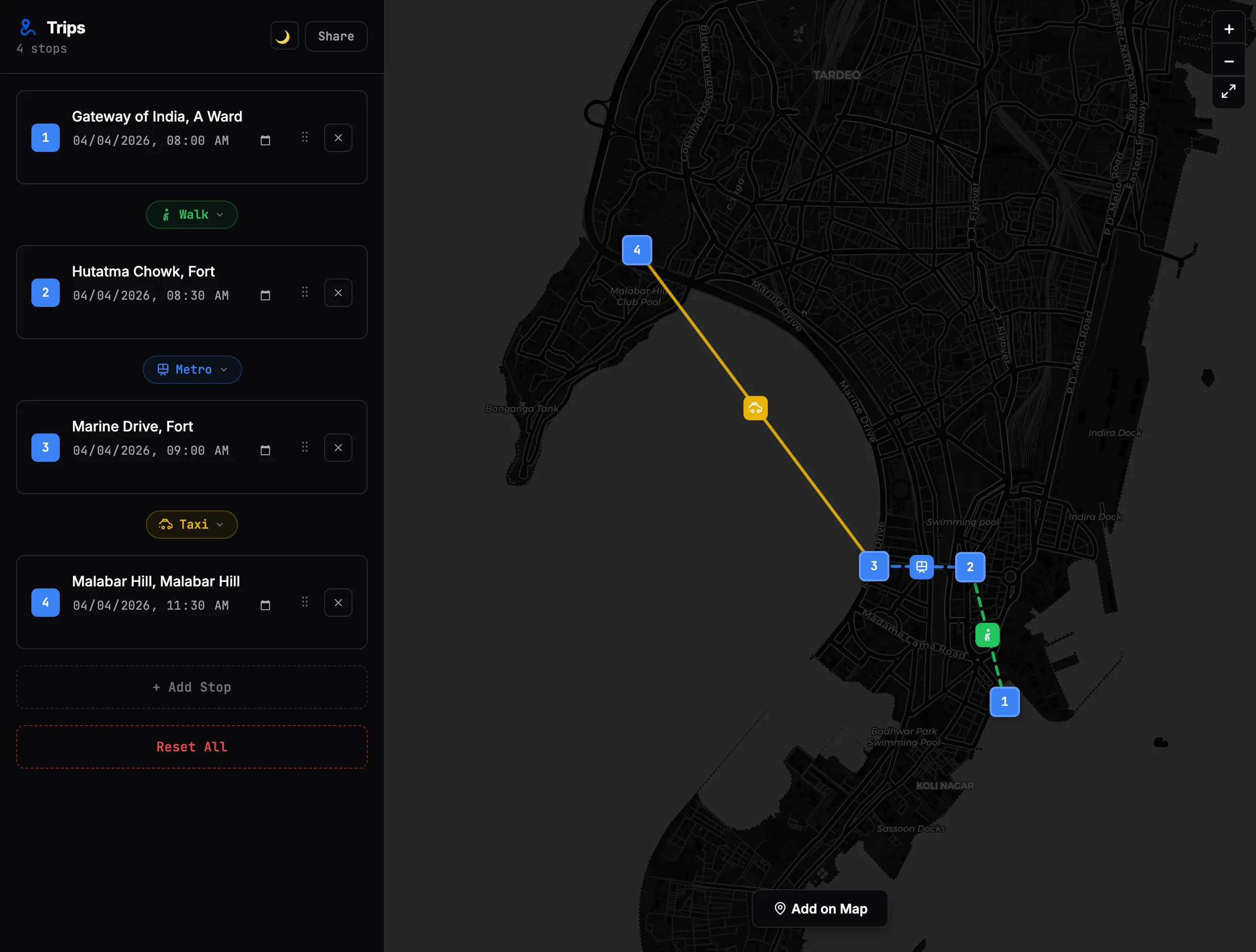 A morning in south Mumbai: Gateway of India at 08:00, Hutatma Chowk at 08:30, Marine Drive at 09:00, Malabar Hill at 11:30, walking then metro then taxi between them.