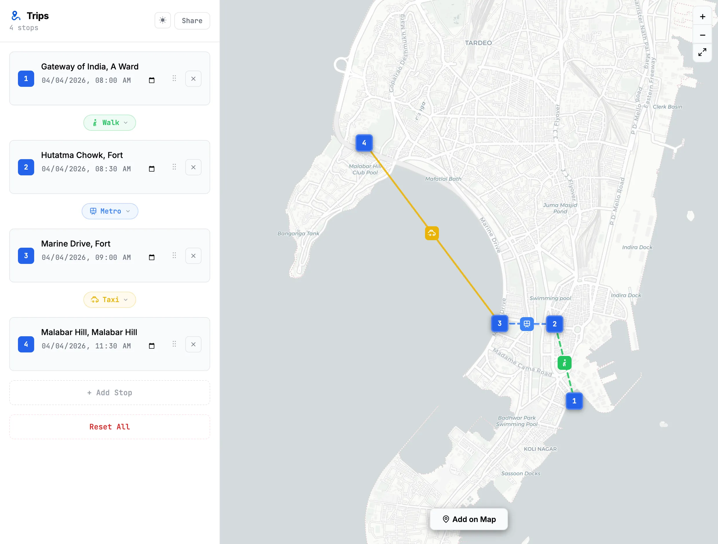 A morning in south Mumbai: Gateway of India at 08:00, Hutatma Chowk at 08:30, Marine Drive at 09:00, Malabar Hill at 11:30, walking then metro then taxi between them.