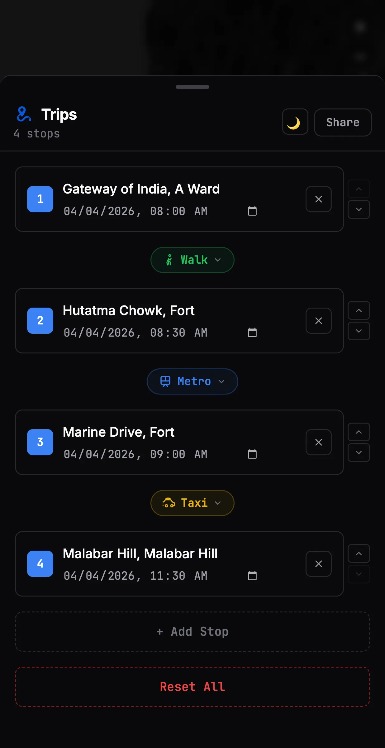 A morning in south Mumbai: Gateway of India at 08:00, Hutatma Chowk at 08:30, Marine Drive at 09:00, Malabar Hill at 11:30, walking then metro then taxi between them.