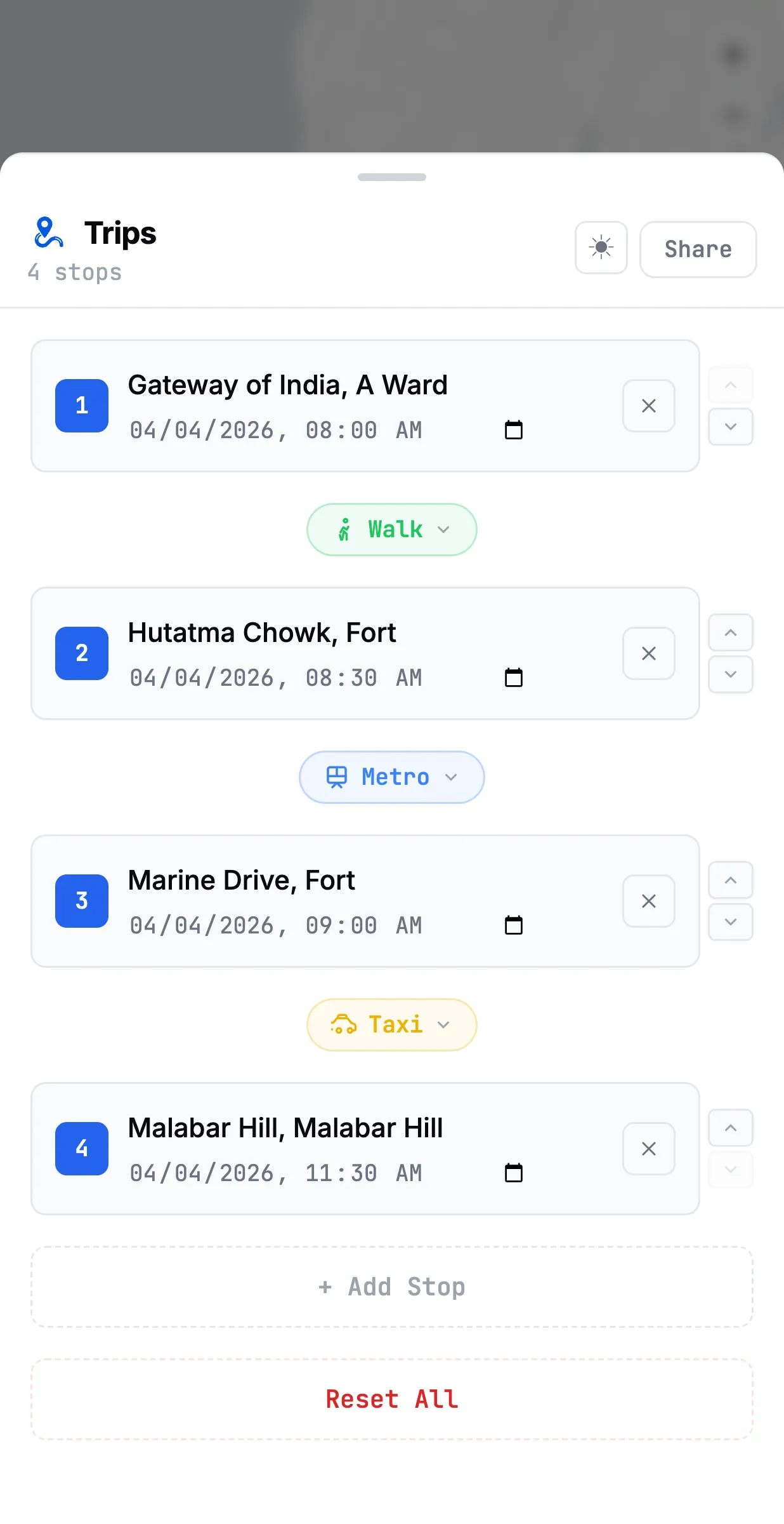 A morning in south Mumbai: Gateway of India at 08:00, Hutatma Chowk at 08:30, Marine Drive at 09:00, Malabar Hill at 11:30, walking then metro then taxi between them.
