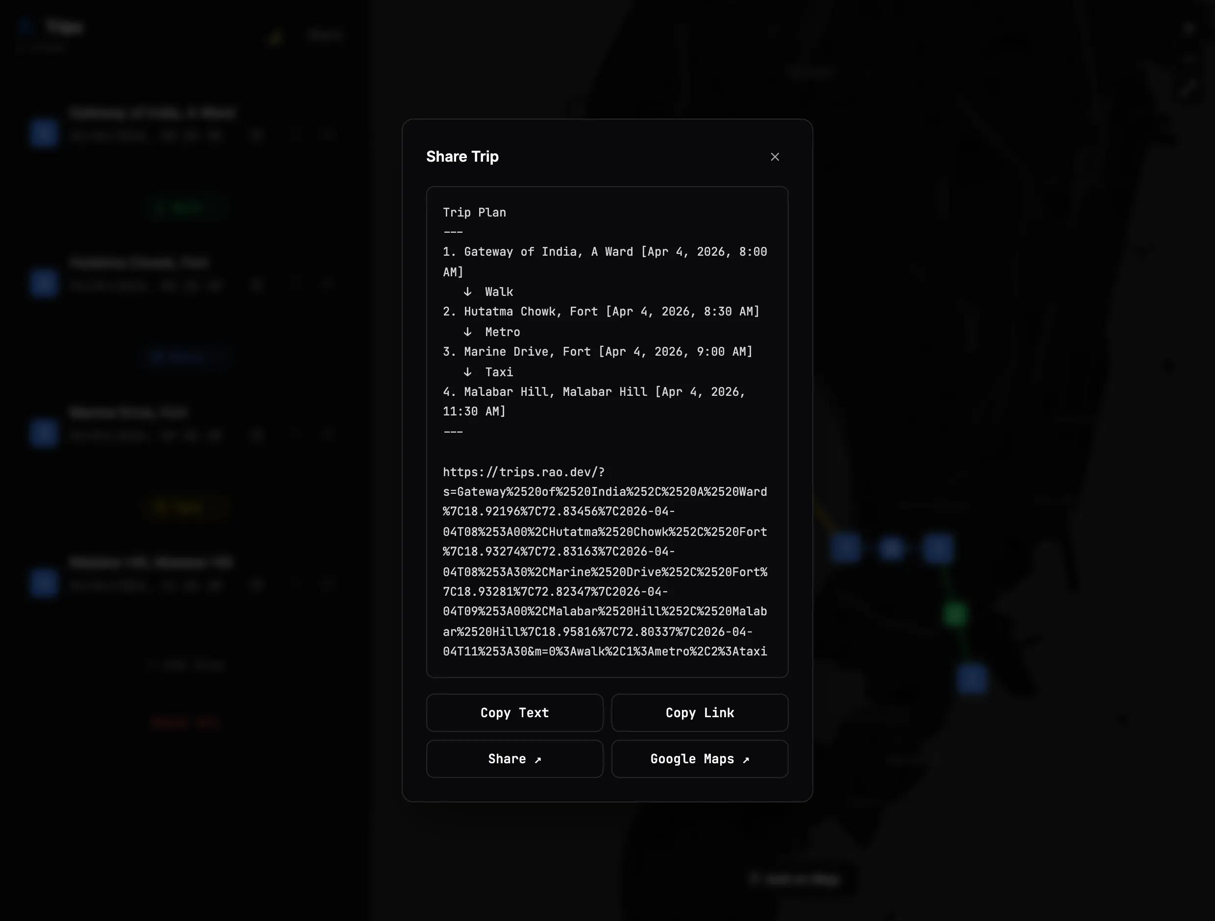 The share dialog, showing the trip as plain text with arrows between stops, the full link, and buttons to copy text, copy link, share, or open in Google Maps