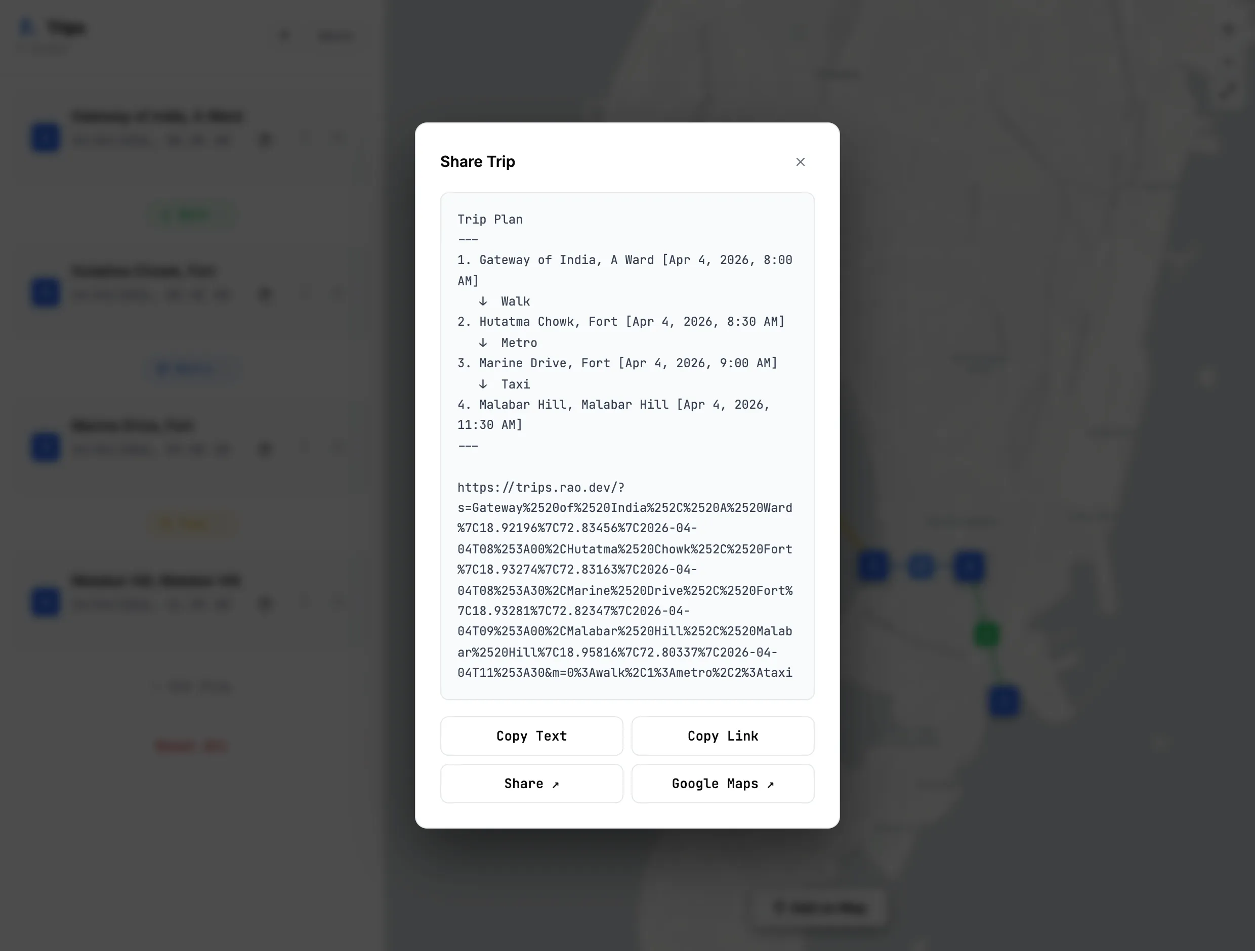 The share dialog, showing the trip as plain text with arrows between stops, the full link, and buttons to copy text, copy link, share, or open in Google Maps