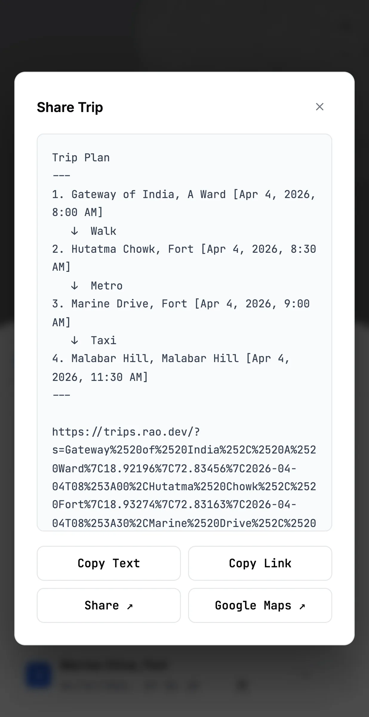 The share dialog, showing the trip as plain text with arrows between stops, the full link, and buttons to copy text, copy link, share, or open in Google Maps